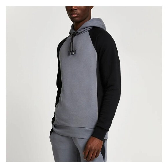 NWT RIVER ISLAND Mens River Island Grey RVR colour block muscle fit hoodie Large - Picture 5 of 11